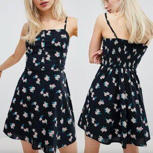 HOLLISTER Button Front Linen A-Line Dress Black Peach Floral Mini Fit & Flare M